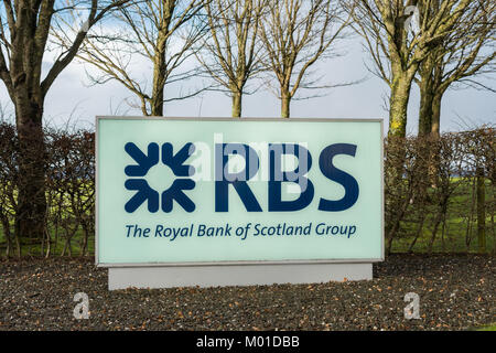 RBS Royal Bank of Scotland Zeichen außerhalb der Hypothek in Greenock, Motorradtouren, Schottland, Großbritannien Stockfoto