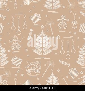 Winter nahtlose Muster mit unterschiedlichen Weihnachten Elemente: Baum, Bälle, petard, Wunderkerze, Gingerbread Man und House, Bell, Geschenke, Sterne. Design für Ban Stock Vektor