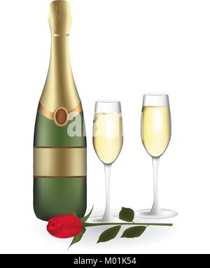 Champagner Flasche mit zwei Gläsern und Rose, Vektor Stock Vektor