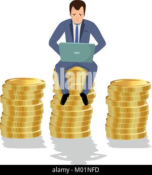 Unternehmer sitzen auf Goldmünzen. Konzept der kreative Person, verdienen Geld, Erfolg. Stock Vektor