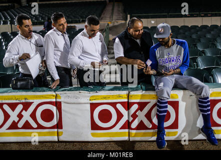 Sergio Romo Krug Ligas de las Mayores del Beisbol y jugador de Los Charros de Jalisco, Previo al Partido de Beisbol de segunda Vuelta de La Liga Mexicana del Pacifico y Beisbol mexicano. Primer Partido de la Serie entre Charros de Jalisco vs Naranjeros de Hermosillo. Romo firmo autorgrafo Durante el entrenamiento, Bromeo y se Tomo fotografias Con Los fanaticos en el estadio Sonora. Hermosillo, Sonora, Mexiko 15 November 2017. (Foto: Luis Gutierrez/NortePhoto.com) Sergio Romo Pitcher der Major League Baseball und Spieler der Charros de Jalisco, vor der zweiten baseball spiel Stockfoto