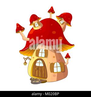 Mushroom Haus fabelhaft. Cartoon mushroom Haus auf einem weißen Hintergrund. Mushroom Haus rote Farben. Stock Vektor