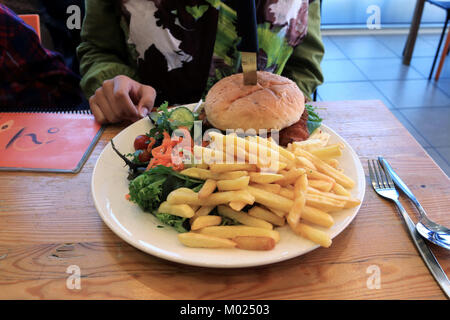 Hähnchen schnitzel Burger mit Salat und Pommes auf einer weißen Platte auf hölzernen Tisch Stockfoto