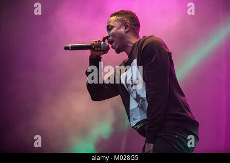 Der amerikanische Rapper Kendrick Lamar und Lyriker führt ein Live Konzert in der norwegischen Musik Festival Øyafestivalen 2013. Norwegen, 08/08 2013. Stockfoto