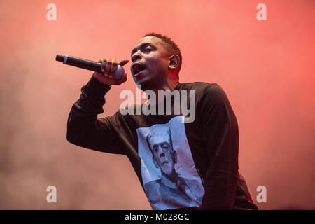 Der amerikanische Rapper Kendrick Lamar und Lyriker führt ein Live Konzert in der norwegischen Musik Festival Øyafestivalen 2013. Norwegen, 08/08 2013. Stockfoto