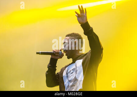 Der amerikanische Rapper Kendrick Lamar und Lyriker führt ein Live Konzert in der norwegischen Musik Festival Øyafestivalen 2013. Norwegen, 08/08 2013. Stockfoto