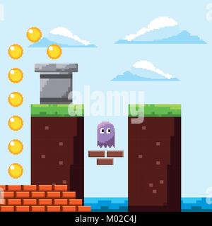 Pixel spiel arcade Szene ghost Gold Münzen Preis Stock Vektor