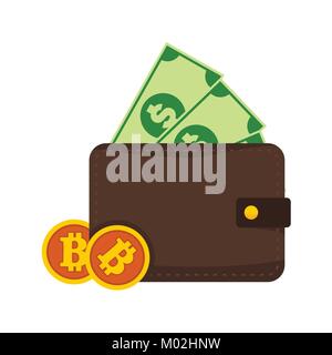 Bitcoin und Geld Brieftasche Vector Illustration Grafik Stock Vektor