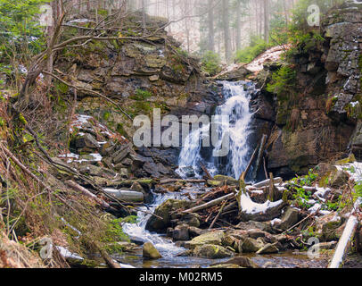 Mountain River im frühen Frühling. Kaskaden auf der Weichsel am Hang des Barania Góra in den Schlesischen Beskiden. Polen Stockfoto