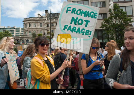 Demonstration gegen Brexit. Junge Frau, lächelnd, hält ein Plakat "Fromage nicht Farage' mit Abbildung: Käse, mit jungen Demonstranten surroundin Stockfoto