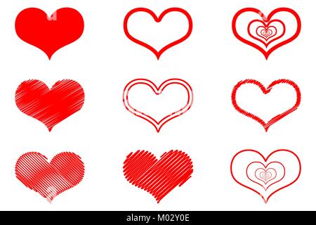 Vektor rote Herzen Icon Set, Hand gezeichnet, Stock Vektor