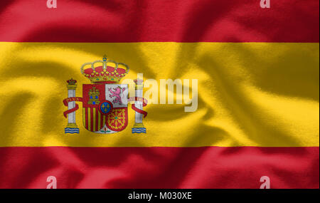 Wehende Flagge von Spanien. Flag hat echten Stoff Textur Stockfoto