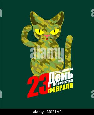 23. Februar. Militärische Katze. Wolle Khaki schützende Textur. Armee pet. Urlaub in Russland. Übersetzung der russischen Text: Verteidiger des Vaterlandes Tag. Stock Vektor