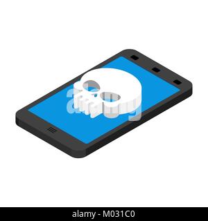 Virus im Smartphone. Cyber Attack am Telefon. Schädel auf dem Bildschirm. Blockiert Gadget funktioniert nicht. Vector Illustration Stock Vektor