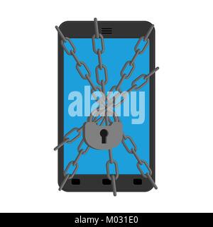 Smartphone Schutz. Kette und auf dem Telefon sperren. Gadget Zuverlässiger Schutz vor Viren. Vector Illustration Stock Vektor