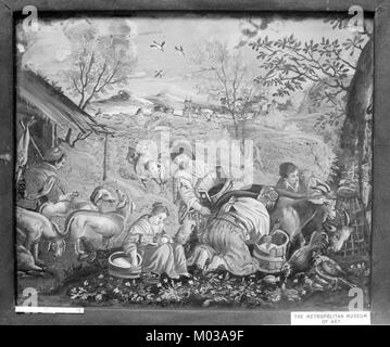 Diese bukolische Frühlingsszene mit Ziegenmelken ist Teil zweier Kunstwerke, die das ländliche Leben darstellen. Es spiegelt die friedliche, landwirtschaftliche Umgebung wider und zeigt traditionelle landwirtschaftliche Praktiken. Stockfoto