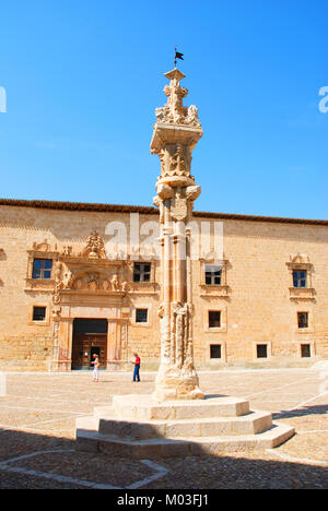 Gotischen Pranger und Fassade des Palastes Avellaneda. Plaza Mayor, Peñaranda de Duero, Burgos Provinz, Kastilien-Leon, Spanien. Stockfoto