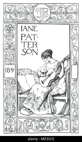 Ex Libris bookplate Bibliothek für Jane Patterson durch R Anning Bell, line Abbildung von 1893 Das Studio einer illustrierten Zeitschrift für Bildende und Angewandte Ar Stockfoto