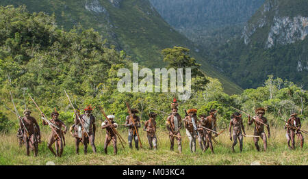 Die bewaffnete Gruppe von papuanern. Gruppe der Krieger des Stammes Dugum Dani für den Krieg vorbereiten. Juni 4, 2016, Neu Guinea Insel. Stockfoto