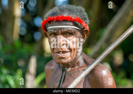 Close up Portrait von Dugum Dani Krieger Portrait. Juni 4, 2016 The Baliem Valley oder Irian Jaya in Indonesien Papua Neuguinea Stockfoto