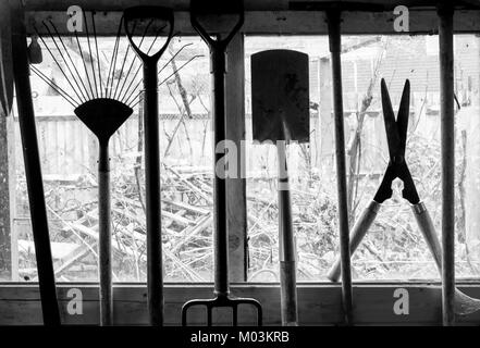 Gartengeräte Aufhängen in einem Schuppen, die Werkzeuge werden durch die Halle Fenster und Blick auf den Garten hinter, Garten Spaten, Gabel, Schere etc. Schwarz und Wh sillouetted Stockfoto