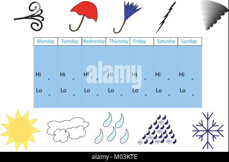 Vorlage Illustration für tägliche Prognose mit Symbolen für Wetter Veranstaltungen und täglichen hi und lo Diagramme auf Weiß. Stock Vektor