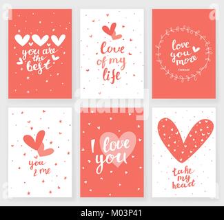 Set von 6 Valentinstag Grußkarten mit Herz und Hand schriftliche Angebote Stock Vektor