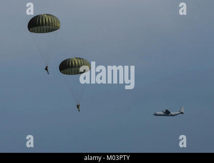 Fallschirm Vordächer füllen Sie den Himmel als Fallschirmjäger aus acht Ländern Land am Houtdorperveld Drop Zone während Falcon Sprung Sept. 15, 2017, Valkenburg, Niederlande. (U.S. Air Force Stockfoto