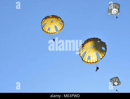 Fallschirm Vordächer füllen Sie den Himmel als Fallschirmjäger aus acht Ländern Land am Houtdorperveld Drop Zone während Falcon Sprung Sept. 15, 2017, Valkenburg, Niederlande. (U.S. Air Force Stockfoto