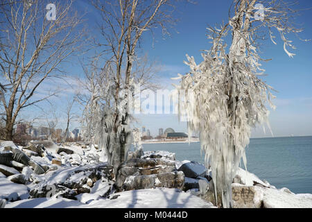 Chicago, USA. 18 Jan, 2018. Downtown Chicago ist durch Eis bedeckte Bäume im nördlichsten Insel von Chicago, USA, am 18.01.2018. Extrem kaltes Wetter schlägt US-Midwest diese Woche mit Schnee und Schnee Dusche, und viele Bäume am Ufer des Michigan See in der Innenstadt von Chicago sind mit Eiszapfen abgedeckt. Credit: Wang Ping/Xinhua/Alamy leben Nachrichten Stockfoto