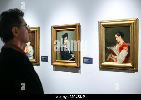 Zagreb, Kroatien. 18 Jan, 2018. Einen Überblick über die Atmosphäre während des Zyklus Vlaho Bukovac - Paris Zeitraum 1877-1893 Eröffnung der Ausstellung in der Galerie Klovicevi Dvori. Die Ausstellung markiert den Beginn des Europäischen Jahres des kulturellen Erbes 2018 in der Republik Kroatien. Credit: Goran Jakuš/Alamy leben Nachrichten Stockfoto