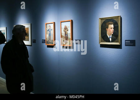 Zagreb, Kroatien. 18 Jan, 2018. Einen Überblick über die Atmosphäre während des Zyklus Vlaho Bukovac - Paris Zeitraum 1877-1893 Eröffnung der Ausstellung in der Galerie Klovicevi Dvori. Die Ausstellung markiert den Beginn des Europäischen Jahres des kulturellen Erbes 2018 in der Republik Kroatien. Credit: Goran Jakuš/Alamy leben Nachrichten Stockfoto