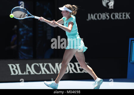 Melbourne, Australien. 19 Jan, 2018. Belgien tennis player Elise Mertens ist in Aktion während ihrer 3. Runde der Australian Open vs französischen Tennisspieler Alize Cornet am 19 Jan, in Melbourne, Australien 2018 - Credit: Yan Lerval/Alamy leben Nachrichten Stockfoto