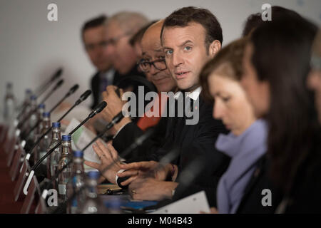 Der französische Präsident Emmanuel längestrich an der Royal Military Academy Sandhurst, während Großbritannien - Frankreich Spitzengespraech. Stockfoto