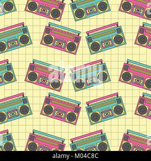 Nahtlose Muster tape recorder 90s Gerät Musik retro Stock Vektor