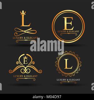 Satz von luxuriösen goldenen Abzeichen und Aufkleber royal blüht kalligrafischen Ornament schwarz hintergrund Stock Vektor
