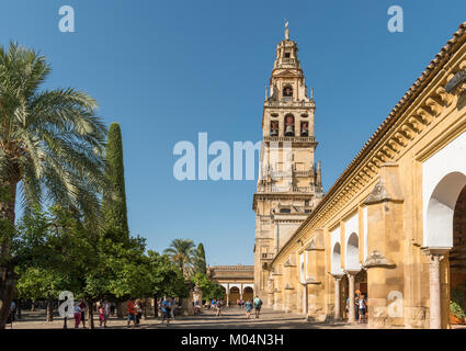 Fassade der Kathedrale Mezquita mit ihrem Glockenturm in Cordoba, Spanien Stockfoto