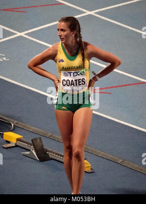 Dieses Bild von der IAAF-U20-Weltmeisterschaft 2016 in Bydgoszcz zeigt das Halbfinale der 200-m-Veranstaltung der womenâ und hält den sportlichen Wettkampf bei einem internationalen Leichtathletiktreffen fest. Stockfoto