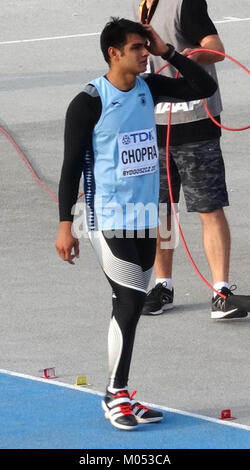 Bei den IAAF U20-Weltmeisterschaften 2016 in Bydgoszcz trat Neeraj Chopra, ein indischer Athlet, im Speerwurf an. Er wurde zu einer bemerkenswerten Persönlichkeit in der Leichtathletik und zeigte außergewöhnliche Talente. Stockfoto