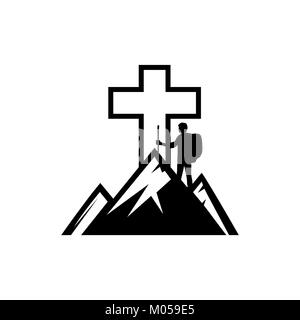 Christian Abbildung. Der Mann auf dem Berg geht auf das Kreuz Jesu Christi Stock Vektor