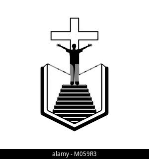 Christian Abbildung. Mann auf dem Hintergrund des Kreuzes Jesu Christi und die offene Bibel Stock Vektor