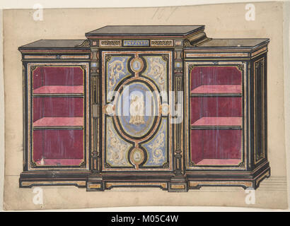 Dieser Schrank im Renaissancestil mit komplizierten Ornamenten und roter Innenausstattung ist Teil der Sammlung des Metropolitan Museum of Art. Es ist ein Beispiel für die Handwerkskunst und Eleganz des Möbeldesigns aus der Renaissance. Stockfoto