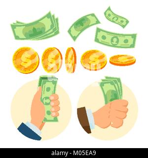 Papiergeld und Münzen Vektor. Banknoten, fliegende Wechsel. Haufen Geld. Flip unterschiedlichen Winkeln. Isolierte flache Cartoon Illustration Stock Vektor