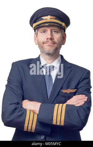 Pilotprojekt in Uniform mit goldenen Streifen und Kappe, verschränkte die Arme Stockfoto