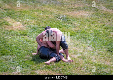 Unbekannte türkische Menschen führen Öl wrestling Wrestling wrestling Öl oder Fett (Yagli Zahlen) ist die türkische nationale Sport. ISTANBUL, Türkei, Mai 13,201 Stockfoto