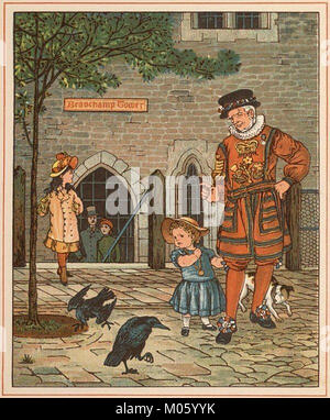 Einem Beefeater in der Nähe der Beauchamp Tower, Tower von London zeigt ein Mädchen der ansässigen Raben - eine viktorianische Illustration aus einem Kinderbuch - beefeaters sind offiziell bekannt als Yeomen Warders von Her Majesty's Royal Palace und Festung der Tower von London, und die Mitglieder des Souveränen Body Guard der Yeoman Guard Außerordentliche Stockfoto