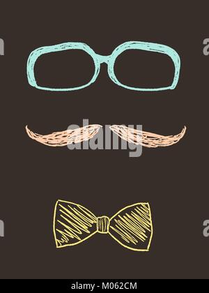 Hipster Objekte doodle-Gläser, Schnurrbart und Bow Tie Vector Illustration. Stock Vektor