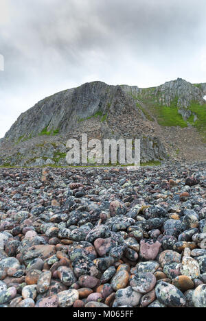 Felsigen Klippen an der Küste der Barentssee, Varangerhalvoya Nationalpark, Varanger Halbinsel, Finnmark, Norwegen Stockfoto