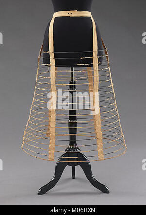 Der Cage Crinoline war ein Kleidungsstück aus viktorianischer Zeit, das von der Royal Worcester Corset Company in den Jahren 1862 bis 63 hergestellt wurde. Es wurde ein strukturierter Drahtrahmen verwendet, um Röcke zu erweitern und eine vollere Silhouette in Damenmode zu schaffen. Stockfoto