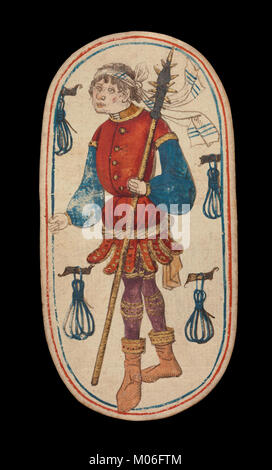 Die Knave of Tethers-Karte, Teil eines Kartendecks aus dem 15. Jahrhundert von den Cloisters Playing Cards, veranschaulicht mittelalterliche Freizeitspiele, soziale Spiele und künstlerische Kartendesigns. Stockfoto